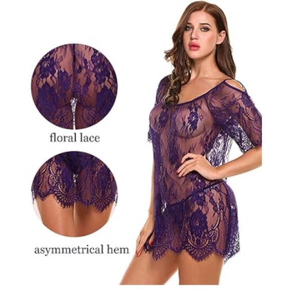 💋Sexy Nighty Chemises Lace Smock Lingerie Mini Babydoll nightie Purple - Picture 5 of 7